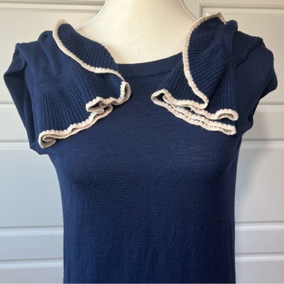 J Crew Navy Blue Ruffle Cuff Long Sleeve Merino Wool Knit Sweater Size Small - Picture 5 of 7